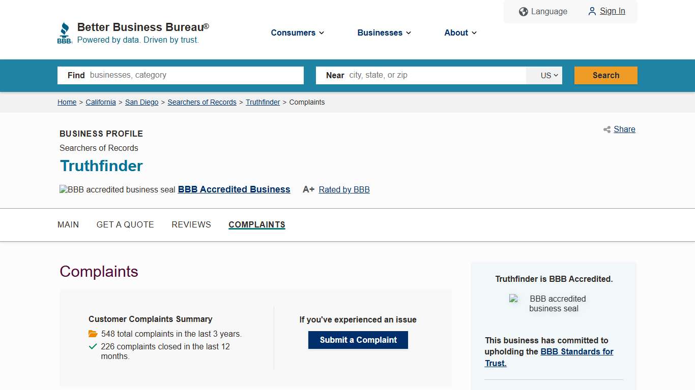 Truthfinder BBB Complaints Better Business Bureau